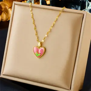 Women Dainty Stainless Steel Party Birthday Gifts To Lover Tulip Pendant Heart Love Flower Collar Necklace