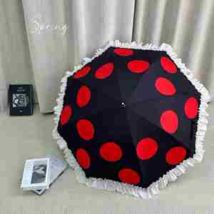 Parapluie OEM de marque, vente en gros, revêtement noir anti-UV UPF50, 8 baleines, manche en bambou, imprimé pois, pour femme - Product Image 2