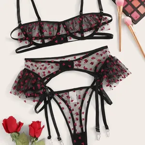 Hot Selling Kant Hart Patroon Mesh Sexy Hollow Out Ondergoed Driedelige Lingerie Set Voor Vrouwen