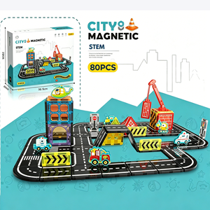 Jeu de construction magnétique 7,5 cm grande taille, ensemble de routes de ville, jouet éducatif STEM avec voitures, circuit magnétique créatif, logo personnalisable - Product Image 1