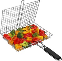 Panier de cuisson pliable en métal chromé de qualité alimentaire avec poignée en bois, broche à rôtir portable pour poisson, légumes, crevettes, réutilisable