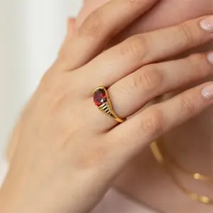 2023 High Quality Fashion Trendy 14K Gold Plated Cubic Zirconia Diamond Gemstone Red Gem Stone Ruby Garnet Ring Jewelry Women