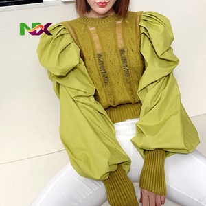 Blus Sweater Rajut Kasual Vintage Wanita dengan Kerah Bulat dan Lengan Raglan - Product Image 1