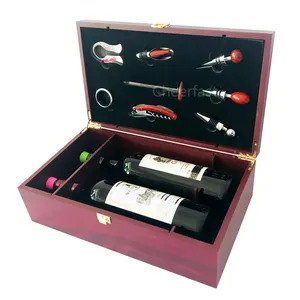 Yüksek kaliteli tek şarap şişesi ahşap hediye paketi kutusu ambalaj için 8 adet aksesuar içinde kiti ahşap 2 şarap şişesi kutusu