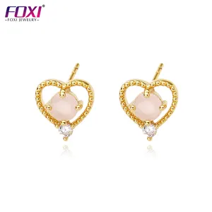 hand made custom jewelry 18K gold plated silver small heart gemstone zircon cz stud earrings