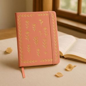 Coral <b>Pink</b> Flower 160gsm PU Leather Journal Gold Foil Hardcover A5 <b>Notebook</b> with Double Ribbon Gift Sewing Binding - Product Image 5