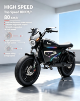 Vélo électrique haut de gamme 80 km/h, ultra-résistant 45 Ah, système d'éclairage LED et tableau de bord intelligent grand écran