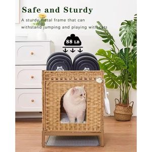 <b>Cat</b> Litter <b>Box</b> Enclosure X-Large Hand-Woven With Metal Stand Square Rattan Color Easy To Clean Including Rubber Mat - Product Image 3