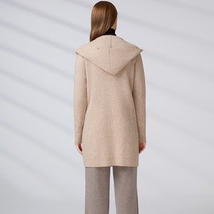 Cárdigan de punto con capucha para mujer, mezcla de lana, frente abierto, suéter personalizable de alta gama, abrigo de punto de longitud media con bolsillos - Product Image 6