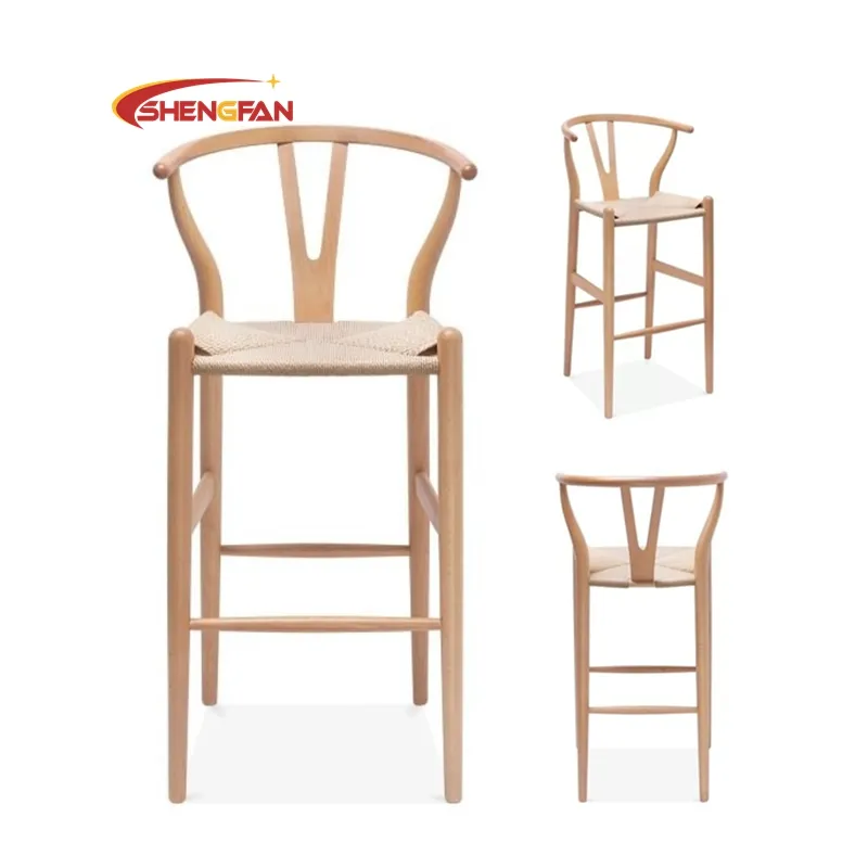 Yeni tasarım ahşap Bar sandalyesi yüksek sayaç Vintage Wishbone Bar sandalyesi Cafe restoran mobilya ham ahşap renk Bar taburesi