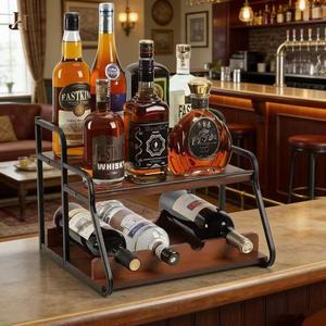 Double Layer Wooden Wine Rack With Iron Frame For Desktop Storage And <b>Kitchen</b> Organization - Product Image 1