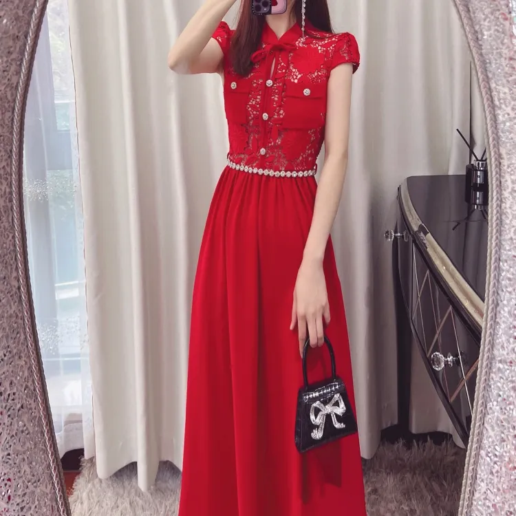 Red color Chinese style wedding lace dress long skirt Chinese style over-the-knee dress