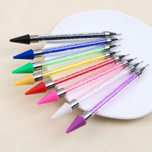 Outil de nail art multifonctionnel double tête : stylo à points pour nail art, stylo à points en cire, pinceau en silicone, manche métallique, en gros - Product Image 3