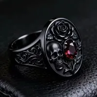 Bague de cocktail unisexe ZhuQian en alliage noir, squelette rose, style punk gothique, avec zircon rouge, idéale pour Halloween et anniversaires, bijoux de fête