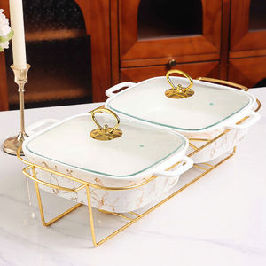 Plat de cuisson rectangulaire de luxe en marbre doré pour restaurant avec support métallique, chauffe-plat en céramique pour buffet et couvercle en verre - Product Image 1