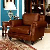 Fauteuil individuel de luxe vintage en cuir pleine fleur marron avec pieds en bois massif, chaise de réception pour hôtel et salon