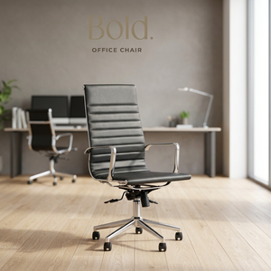 Silla de Oficina Ejecutiva Moderna Negra, Giratoria, de Cuero PU, con Base Cromada, Ajustable Manualmente y con Ruedas - Product Image 2