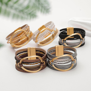 Pulsera <span class=keywords><strong>de</strong></span> Mujer con Cuentas <span class=keywords><strong>de</strong></span> Cristal y Cuero PU Multicapa, Piezas Geométricas <span class=keywords><strong>de</strong></span> Aleación, Cierre Magnético, Joyería Elegante - Product Image 1