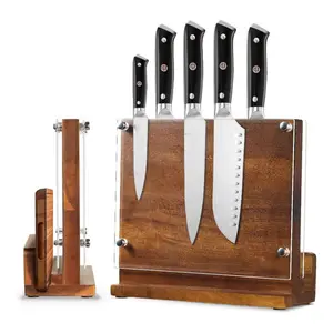 Acacia Wood Universal Knife Storage Organizer Doppelseitiger Küchenmesser halter Magnetischer Messer block mit Acryl schild