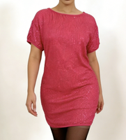 Robe courte à sequins rose pour femmes grandes tailles - Robe moulante brillante à col rond pour soirée cocktail