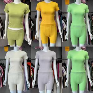 Maglietta estiva a coste in maglia verde menta a maniche corte e Shorts 2 due pezzi da salotto Dupe Set completo <span class=keywords><strong>abbigliamento</strong></span> da <span class=keywords><strong>donna</strong></span> - Product Image 4