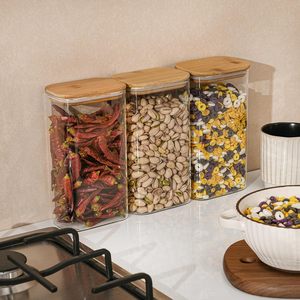 Recipiente de Vidrio Borosilicato Cuadrado Transparente Personalizable para Almacenamiento de Especias en la Cocina, con Tapas de Bambú - Product Image 3