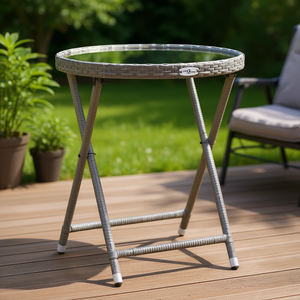 Gray Outdoor Poly Rattan Tea <b>Table</b> With Tempered Glass <b>Foldable</b> Design For Patio Deck Use - Product Image 2