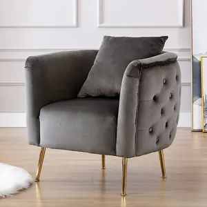 Sang Trọng Xám Nhung Thư Giãn Lounge Ghế Tufted Ghế Phòng Khách Ghế Với Chân Vàng