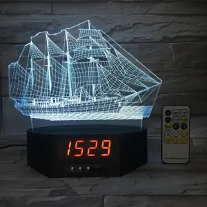 실내 장식 램프 7 색상 변경 독특한 선박 이미지 시각 효과 LED 야간 조명 알람 시계 3D 램프