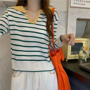 <b>Striped</b> V-Neck Long Sleeve Knit Top For Women Spring Autumn Thin Viscose Fiber <b>Sweater</b> Regular Sleeves <b>Black</b> Apricot Green - Product Image 4