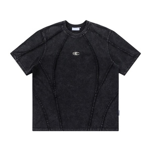 Summer New Arrival American Streetwear Heavyweight Washed Raw Hem <b>Patchwork</b> Short Sleeve Men's T-Shirt 100% Cotton Breathable - Product Image 1