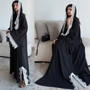 <strong>Fashion</strong> Elegant Dubai <strong>Abaya</strong> Women Muslim Dress Polka Dots Printed Kimono Open <strong>Abaya</strong> Hijab Set Modest Cardigan Robe with Lace - Product Image 5
