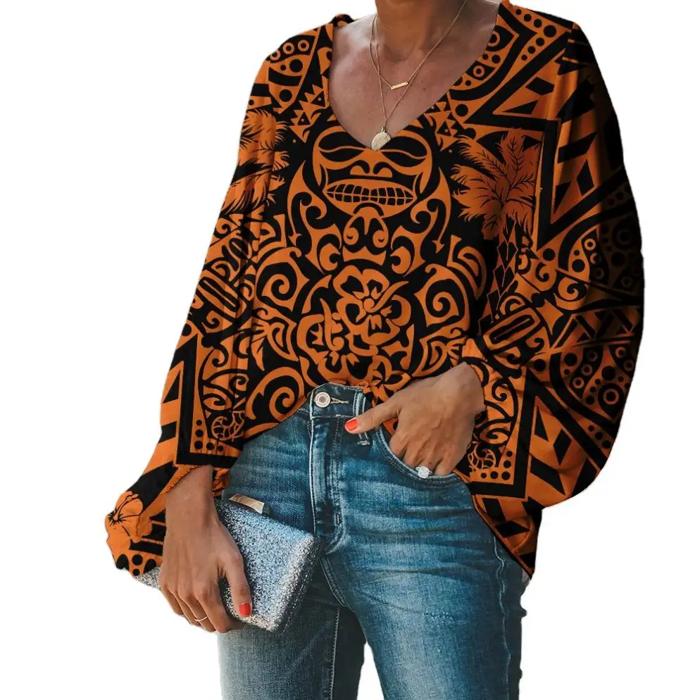 2021 Casual Orange Polynesian Traditional Tribal Print Tops Lady Office Uniform Designs For Women V Neck Long Sleeve Blouses