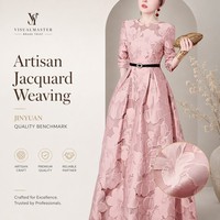 Robe longue rose en jacquard floral 3D à manches 3/4, ceinturée, coupe trapèze, élégante pour femme, idéale pour mariage, soirée, cérémonie, sur mesure OEM/ODM