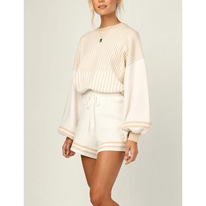 FOXA Women's Striped <b>Knit</b> Sweater Shorts <b>Set</b> Long Puff Sleeve Casual Outfit Breathable Polyester Cotton - Product Image 3