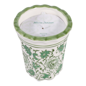 Portacandele in Ceramica con Bordo Ondulato, Motivo Floreale Verde, Decorativo per Interni ed Esterni - Product Image 3