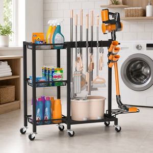 Carrello Organizzatore Mobile per Prodotti di Pulizia Commerciale, in Acciaio Resistente, Porta-Mop e Scopa, Carrello Multiuso per Servizi di Pulizia - Product Image 2