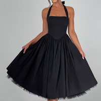 Robe de soirée mi-longue évasée à col halter pour femme, jupe bouffante, corsage ajusté, idéale pour banquets et fêtes, vente en gros, personnalisation OEM