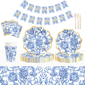 Juego de Vajilla Desechable con Diseño Floral Azul DAMAI, Platos de Papel con Estampado en Caliente, Platos de Papel Florales Azules - Product Image 3