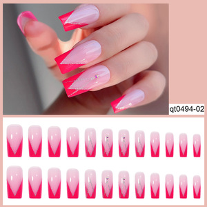 Uñas Postizas Pre-diseñadas con Punta Cuadrada Estilo Europeo Americano, <span class=keywords><strong>Diseño</strong></span> de <span class=keywords><strong>Manicura</strong></span> <span class=keywords><strong>Francesa</strong></span> con Pedrería, 24 Piezas, Uñas Postizas Removibles - Product Image 1