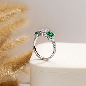 Messi Jewelry MSR-2125 9K Gold Marquise Shape Three Stone Lab Grown <b>Diamond</b> Lab Emerald <b>Ring</b> Wedding <b>Ring</b> for Women - Product Image 3