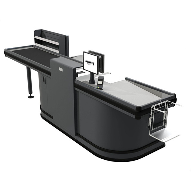 Metal Construction Coated Heavy Duty Supermarket Checkout Counter with Conveyor Belt Comptoir Caisse