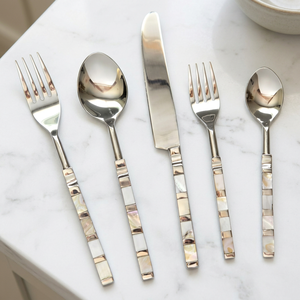 Ensemble de couverts au design moderne, finition argentée, cuillères, fourchettes, couteaux en métal, 5 pièces, ensemble de couverts décoratifs européens, manche en MOP - Product Image 1