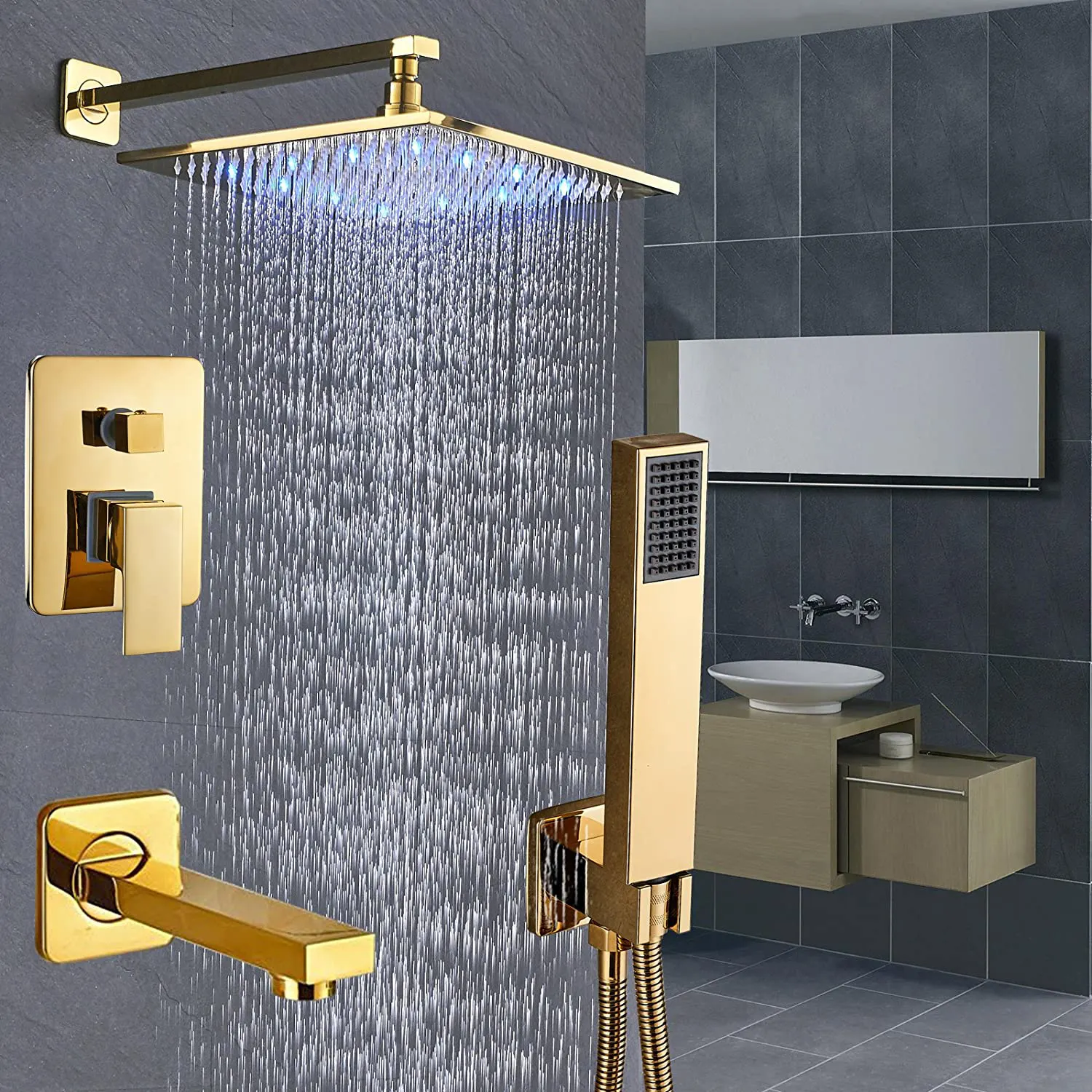ชุดฝักบัวระบบอาบน้ำแปรงทอง LED 12นิ้ว,หัวฝักบัวเรนชาวเวอร์ทองเหลืองพร้อมชุดคอมโบแบบมือถือ