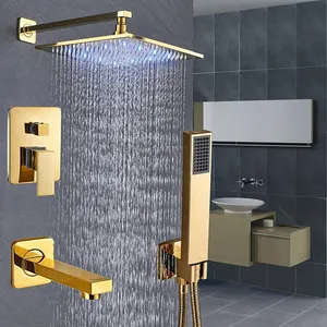 Wholesale LED Brushed Gold Shower System Bathroom 12 Inches Brass Body Rain Shower Head With Handheld Combo Set