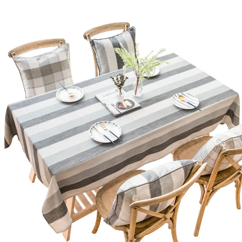 مفرش طاولة مستطيل من الكتان مع حواف بيضاء مخططة بخاصية الألوان مع خيارات متعددة