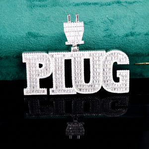 Yu Ying Custom PLUG Clasp <b>Gold</b> Plated Letter <b>Pendant</b> <b>Solid</b> 925 Silver Iced Out Baguette Moissanite Silver <b>Pendant</b> - Product Image 1