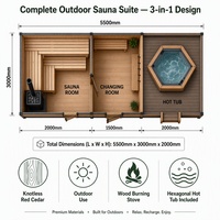 Suite de sauna extérieur en forme de cube 3-en-1 avec poêle à bois en cèdre rouge sans nœuds, bain à remous hexagonal, vestiaire, personnalisable OEM