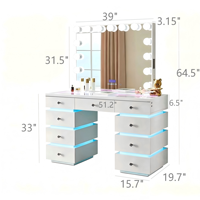 Coiffeuse éclairée par LED avec miroir 15 ampoules, éclairage RGB et 9 tiroirs pour chambre, hôtel, salon