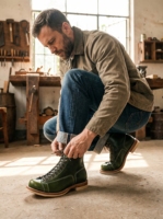 Bottes de travail pour hommes en cuir tanné végétal vert sur mesure, style western, souples, mi-mollet, à lacets, avec semelle Goodyear et bout renforcé